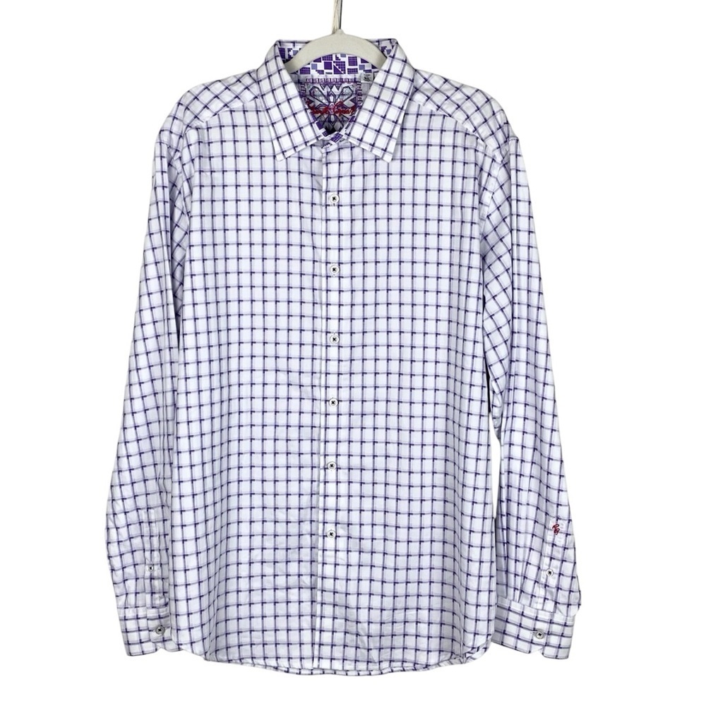 Robert Graham White and Purple Checkered Casual Button Down Shirt